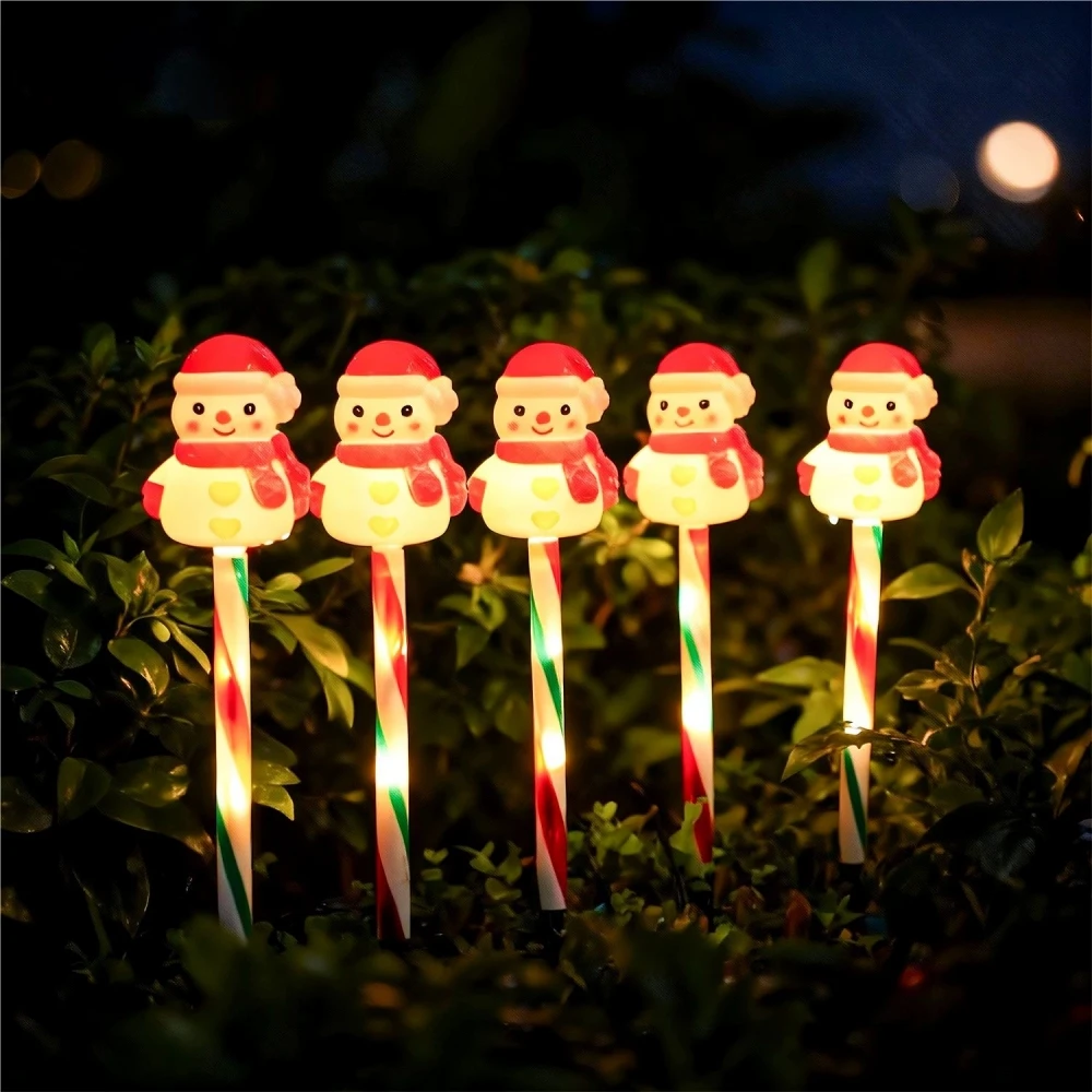 Solar Powered Christmas Snowman Candy Lights Outdoor Yard Waterproof Decorations 5 in 1 8 Modes LED Garden Stake Lights