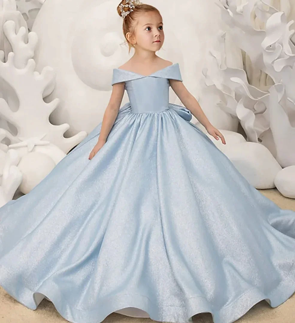 Blue Flower Girl Dresses For Wedding Satin With Bow Sleeveless Floor Length Kids Birthday Party First Communion Ball Gown