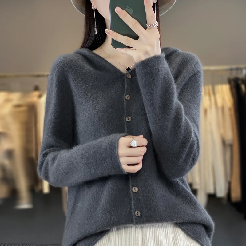 Autumn and winter new 100% pure wool cashmere sweater women\'s hooded cardigan casual sweater fashion solid color loose top