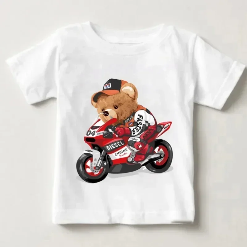 2026 Cute Bear Riding Motorcycle Printed Boys and Girls White T-shirt Children's Summer Harajuku Funny Children's Clothing Top