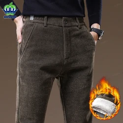 Winter Fleece Warm Thick Luxury Casual Pants Men Thick Business Elastic Waist Slim Fit Korean Brushed Fabric Long Trousers Male