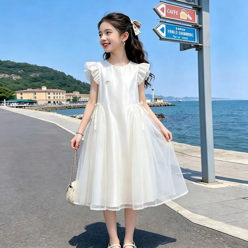 Sweet Princess Dresses Girls Fashion High Waist Medium Length Flying Sleeve Dress Kids Birthday Party Gown Ball Children Clothes