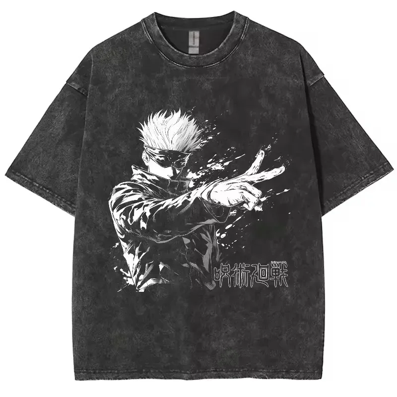 Anime Jujutsu Kaisen Gojo Satoru T-Shirts im Used-Look für Herren und Damen, Baumwoll-T-Shirt, Hochwertig, Retro-Stil, Tops und Tees für Männer und Frauen, Sommer 2026