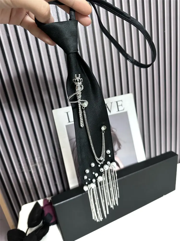 2026 Black Necktie Gothic Pearls Rivet Jewelry Bowtie Evening Adjustable Pre-Tied JK Shirt Decoration Metal Chain Tassel Bow Tie