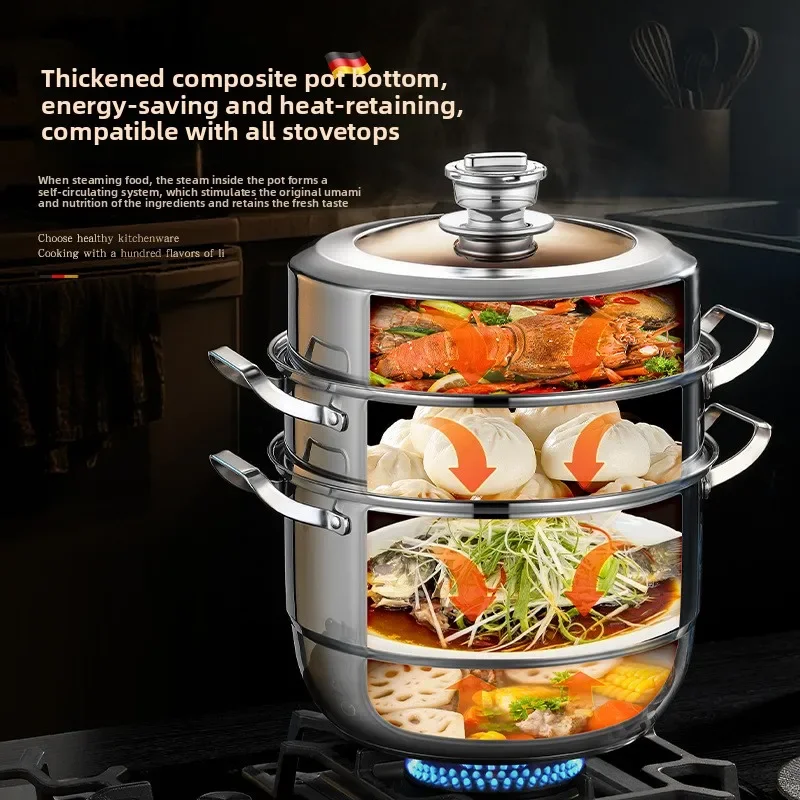 Timed Steamer Pot 304 Stainless Steel Thickened Multilayer Steamer Basket Gas Stove Allin One Multi Layer Large Capacity