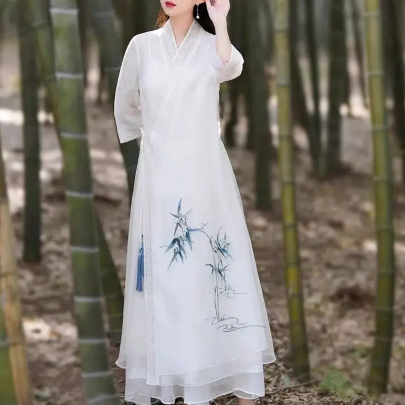 Spring Elegant White Cross Collar Long SleeveTang Suit Chinese Traditional Long Coat for Women Vintage Slim Zen Tea Clothes 4XL