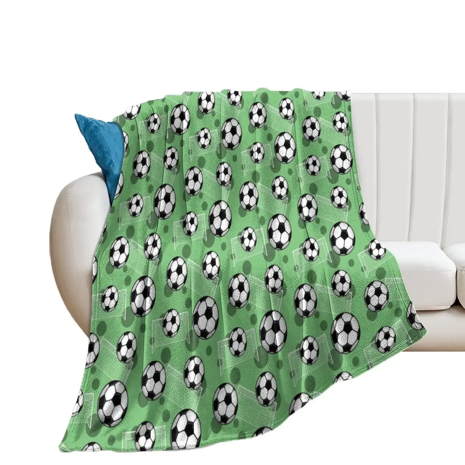 Soccer Ball and Goal Green Pattern - Green Soccer Throw Blanket for sofa Designers Polar Blankets