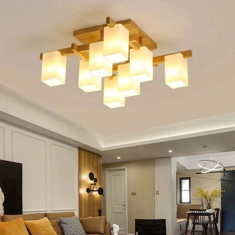 

2026 for Square Solid Wood Ceiling Lights with Glass Shades Modern Surface Mounted Lamp for Living Room Bedroom Hallway Decor