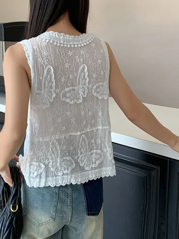 Embroidered Butterfly Vest Women Sheer Open-knit Waistcoat V-neck Button-down Sleeveless Blouse Summer Retro Boho Cottagecore