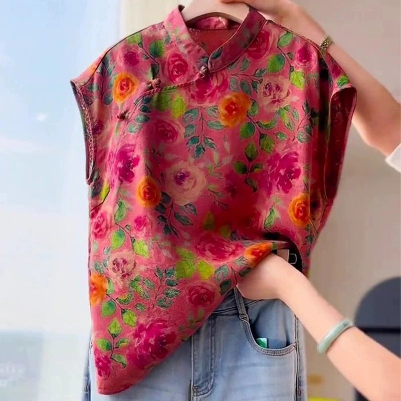 

Chinese Style Women's Blouses Korean Vintage Shirts FASHION Loose Spring/Summer Clothing Printed Sleeveless Women Tops