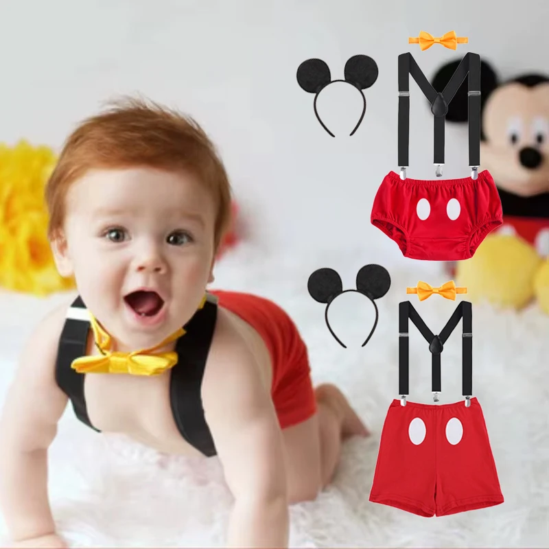 Cute Baby Cake Smash Outfit for 1st Birthday Mickey Cosplay Costume Red Shorts with Suspender Bow Tie Newborn Photoshoot Outfit