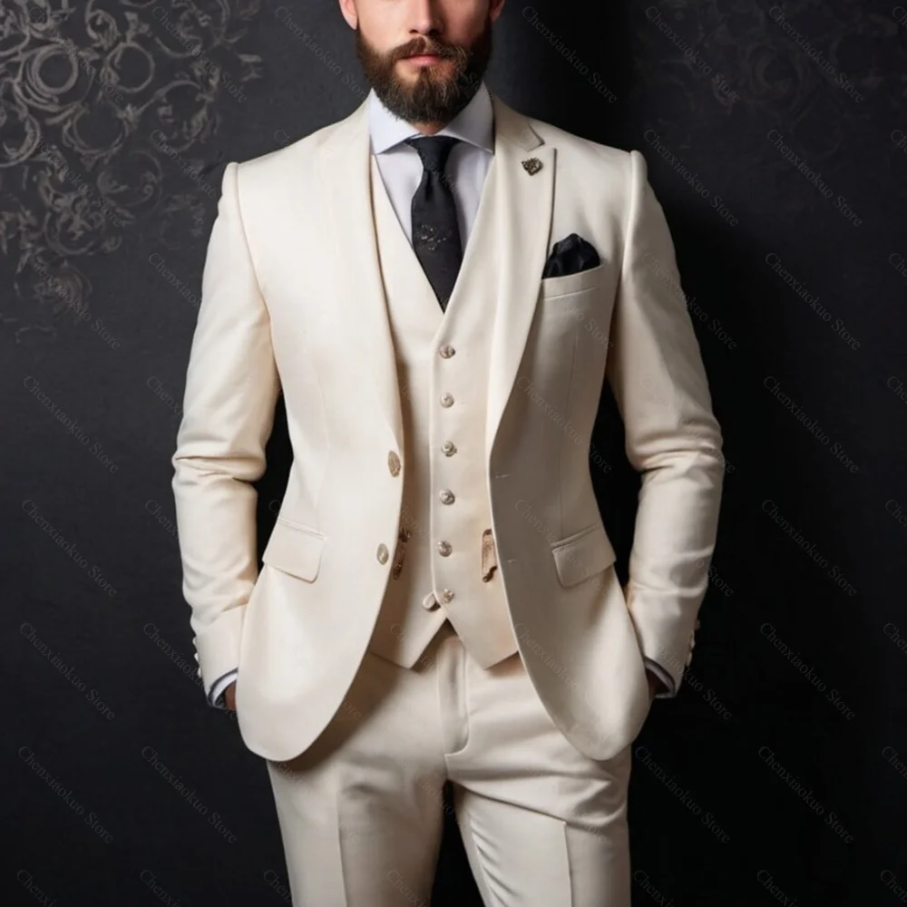 

Men Suits Beige Elegant Solid Color Peak Lapel Outfits Slim Fashion Office Casual Clothing Groom Party Wedding Tuxedo 2025