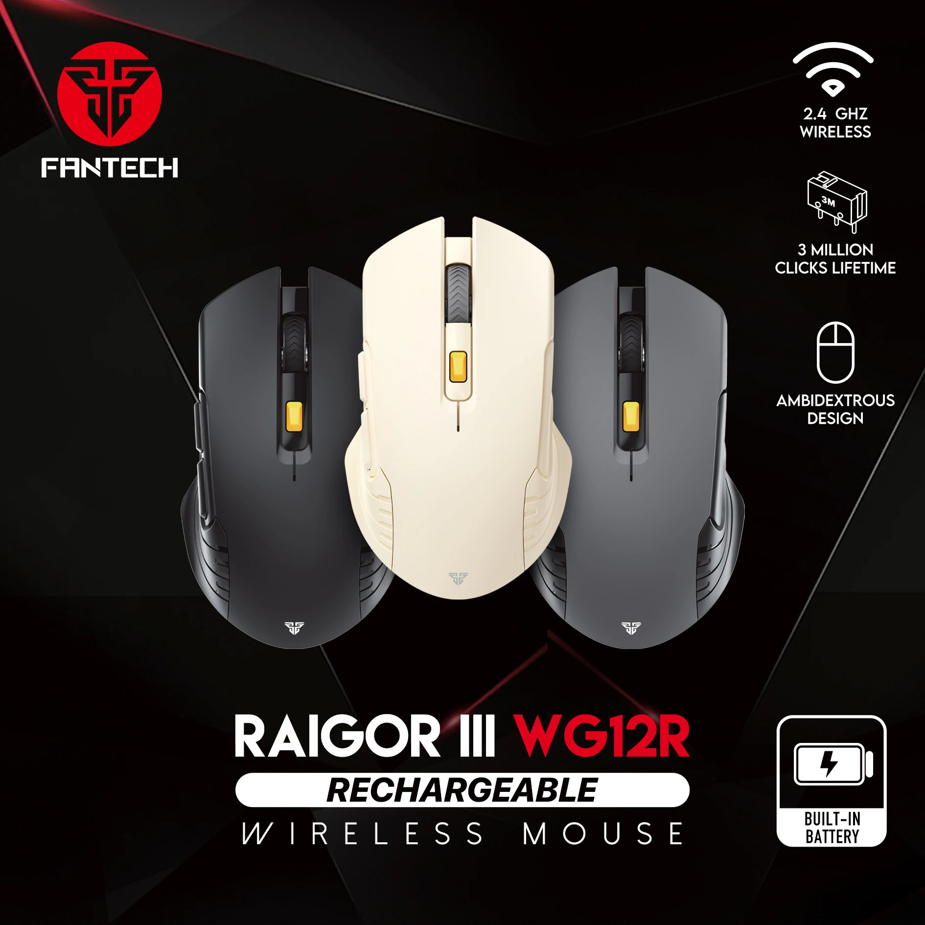

FANTECH RAIGOR III WG12R Wireless Mouse 14500 Rechargeable Lithium Battery 10M Wireless 2000DPI PAW3065 Power Saver Sensor Mice