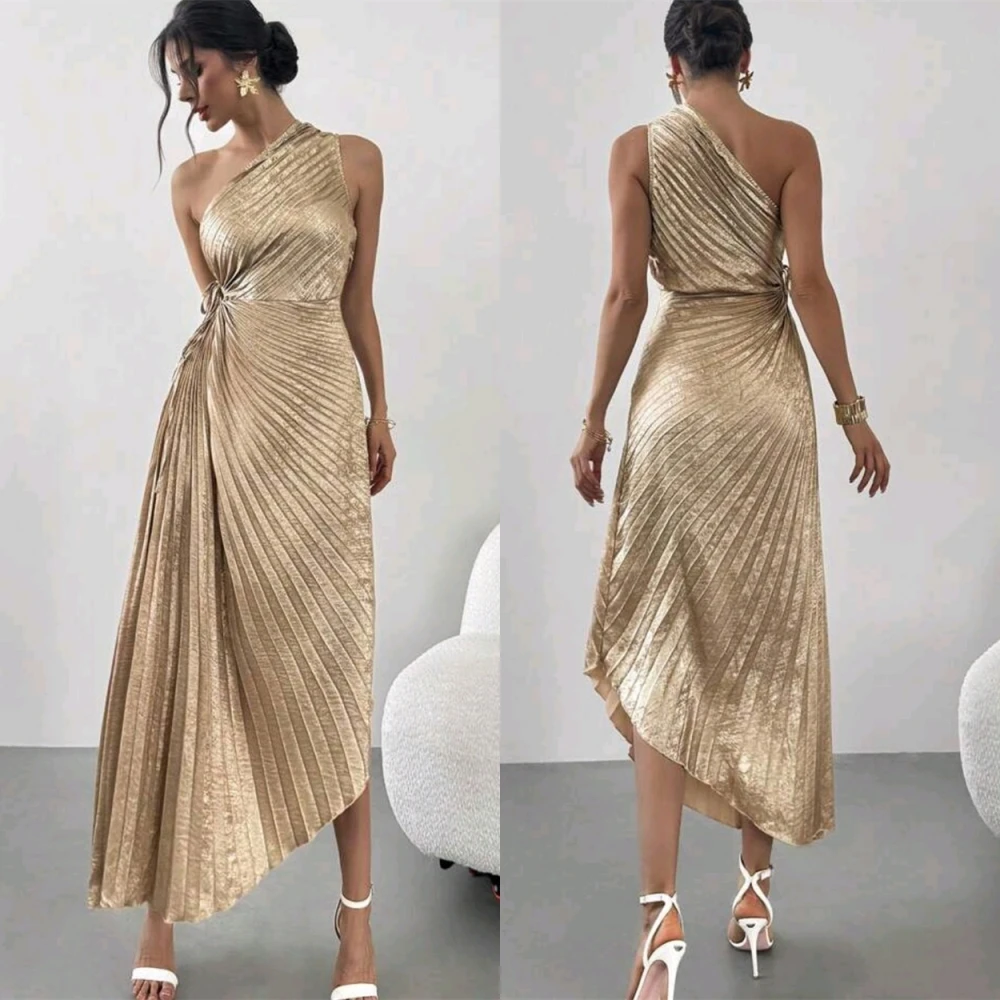 

Customized Luxury Satin One Shoulder Evening Dress Exquisite Sleeveless Prom Dresses Temperament Pleats Special Occasion Gowns