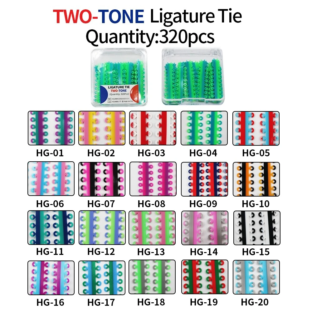 [Two Tone]20Colors 320Pcs/Box 20Sticks Dual Color Elastic Ligature Tie Rubber Bands Orthodontic Rings