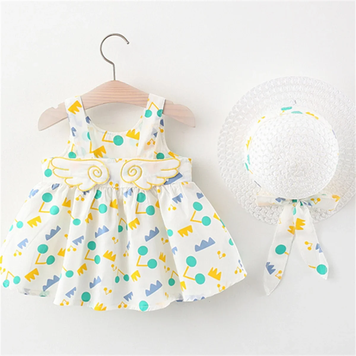 2Pcs/SetGirls\' Dress Summer New Instagram Children\'s Wear Irregular Print Back Cartoon Wings Sleeveless A-line Skirt with Hat