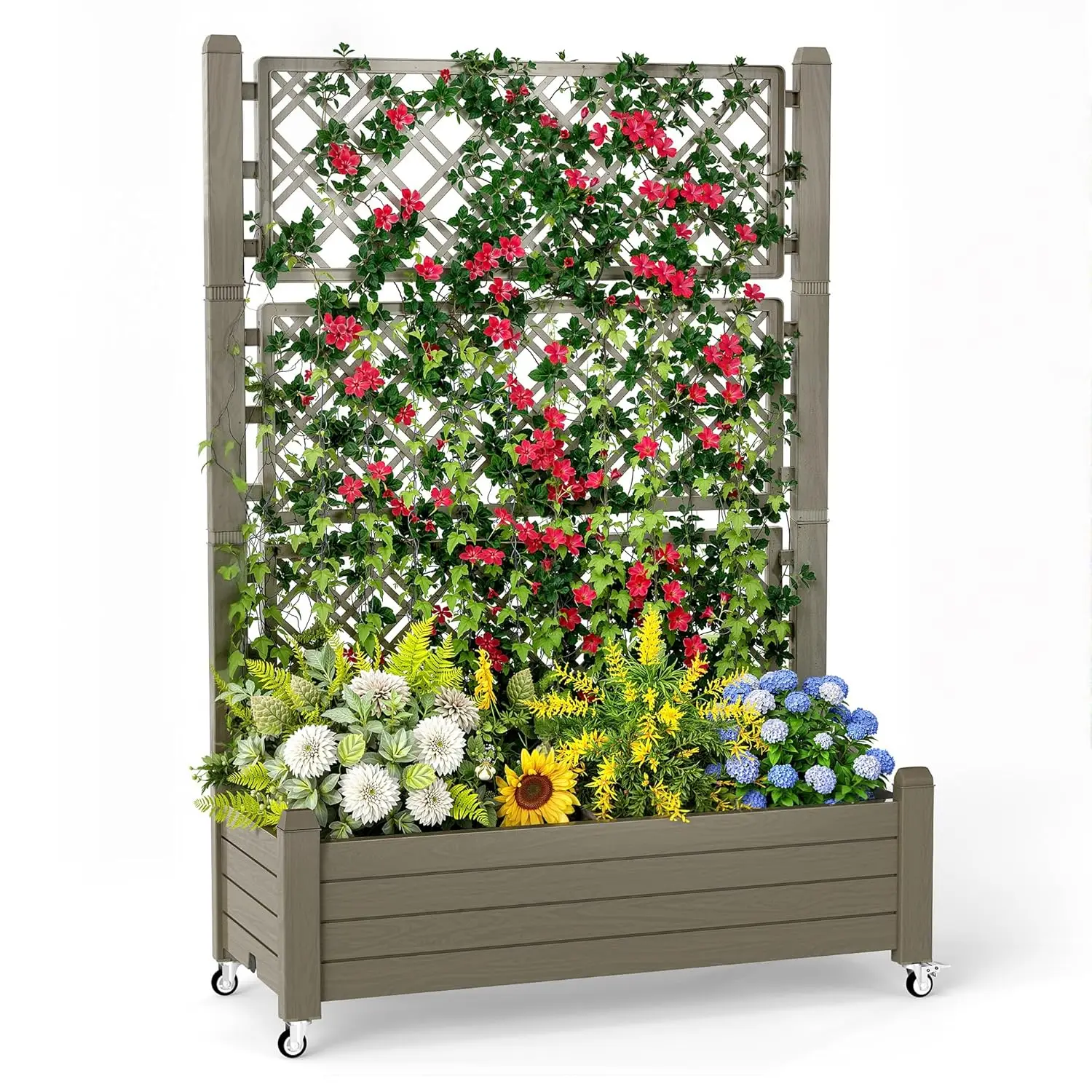 

Высокая грядка-клумба с решеткой, уличная большая кашпо-ящик из полимерной смолы для патио с блокирующимися колесами и дренажной пробкой, на заказ