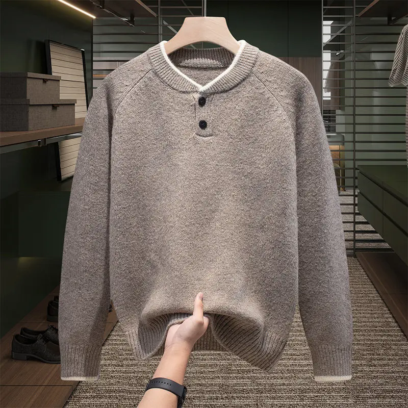 

Мужской модный вязаный свитер на двух пуговицах, теплый, повседневный, универсальный, осенне-зимний, с длинными рукавами, из смесовой шерсти, полиэстера и нейлона