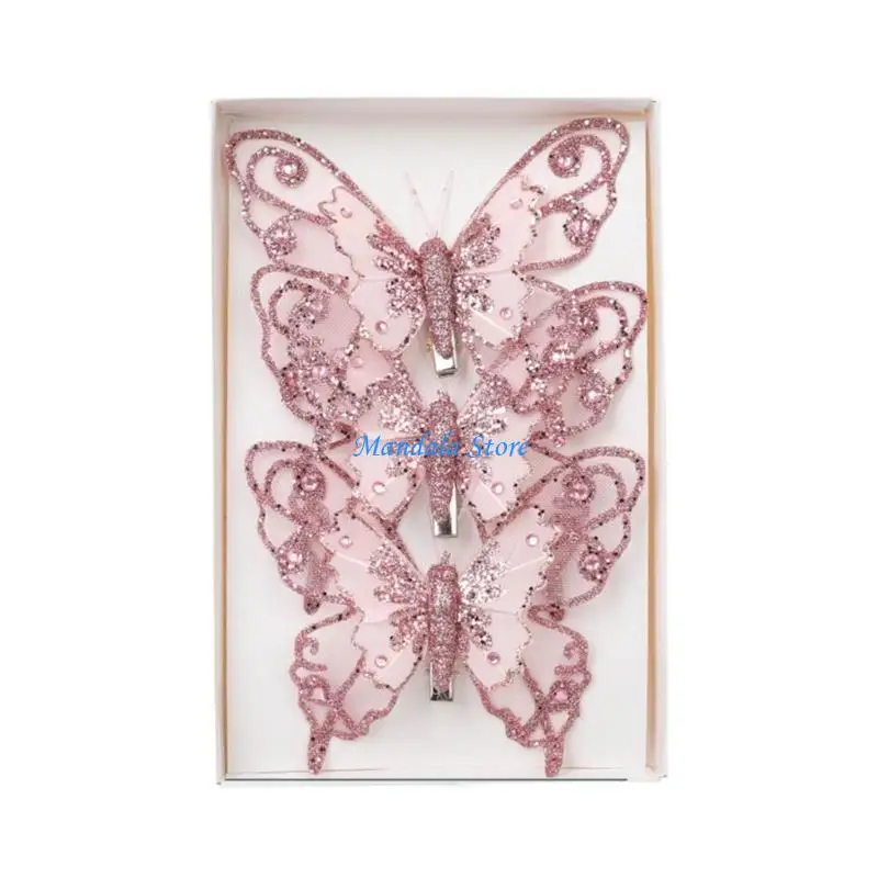 

U2JC Set of 3 Elegant Butterfly Christmas Ornament Festival Butterfly Hanging Ornament for Christmas Tree Decoration