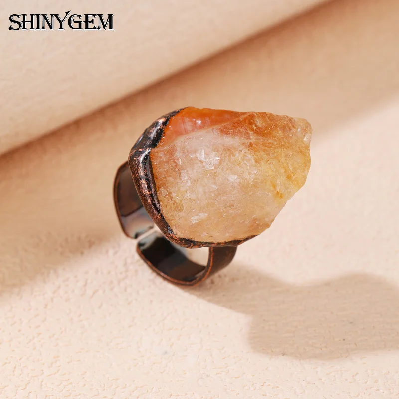 

SHINYGEM Natural Citrine Raw Stone Irregular Open Adjustable Fashion Gift Ring With Bronze Plating