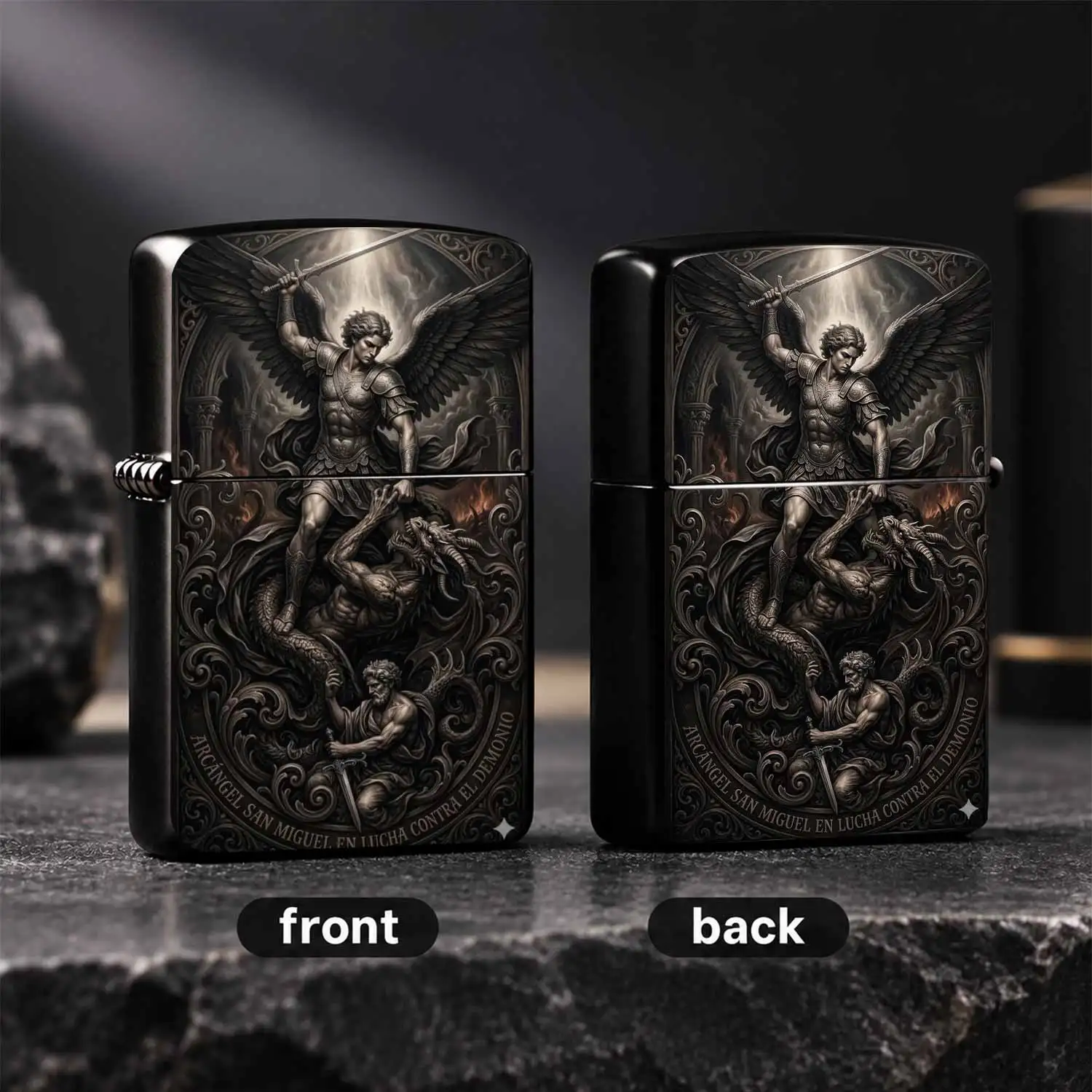 Vintage Engraved Archangel Themed  Classic Windproof Durable Portable Igniter For Men Gift Daily Use Outdoor Carrying Religious Art Etch Pattern A Fun And Humorous Lighter