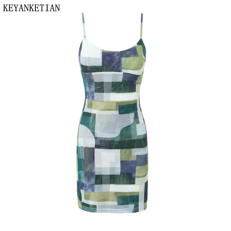 

KEYANKETIAN New Launch Women's Color Matching Plaid Mesh Sling Dress American Retro Sexy Corset Tight Slit Hip Wrap Mini Dresses