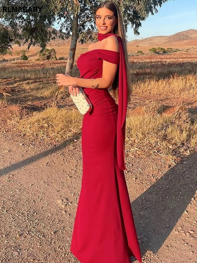 RLMABABY مثير واحد الكتف عارية الذراعين وشاح المرأة Bodycon فستان طويل ثوب بلا أكمام قبالة الكتف نادي حفلة أحمر غمد فستان ماكسي