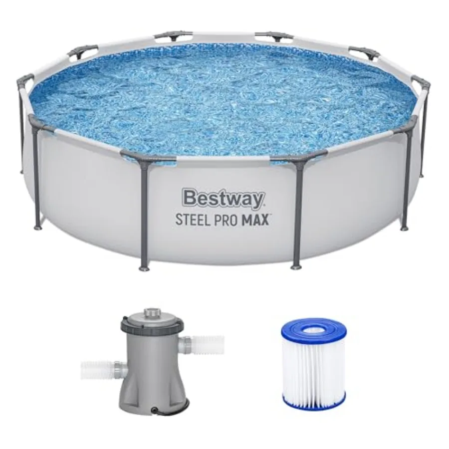 Above Ground Pool for Outdoor Use, Steel Frame, Gray, Rust-Resistant Heavy-Duty Construction with Filter Pump Type I Cartridge