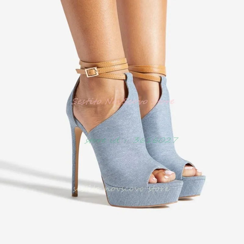 

Peep Toe Denim Platform Sandals Cutouts Ankle Wrapped Straps Buckle Pumps Stiletto High Heels Summer Classic Dress Single Shoes