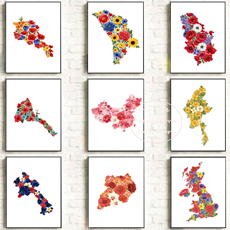 Affiche de fleurs à aquarelle, zone terrestre représentante nationale, afrique du sud, mexique, peinture sur toile imprimée, tableau d'art mural, décoration de maison