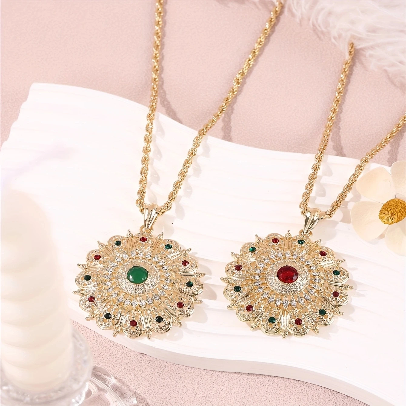 Moroccan Big Sunflower Pendant Necklace Gold Twist Chain Colorful Rhinestone Inlaid Ethnic Women Wedding Party Statement Jewelry