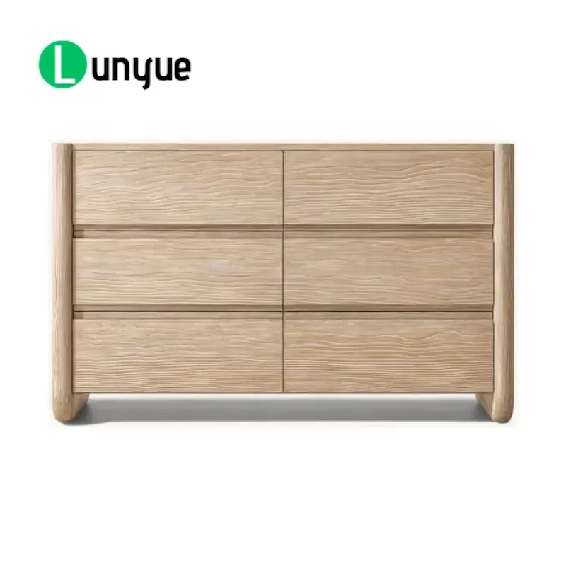 Modern Weathered Oak Solid Wood Six Drawer Dresser Curved Handleless Wide Cabinet for Bedroom Living Room Storage Furniture