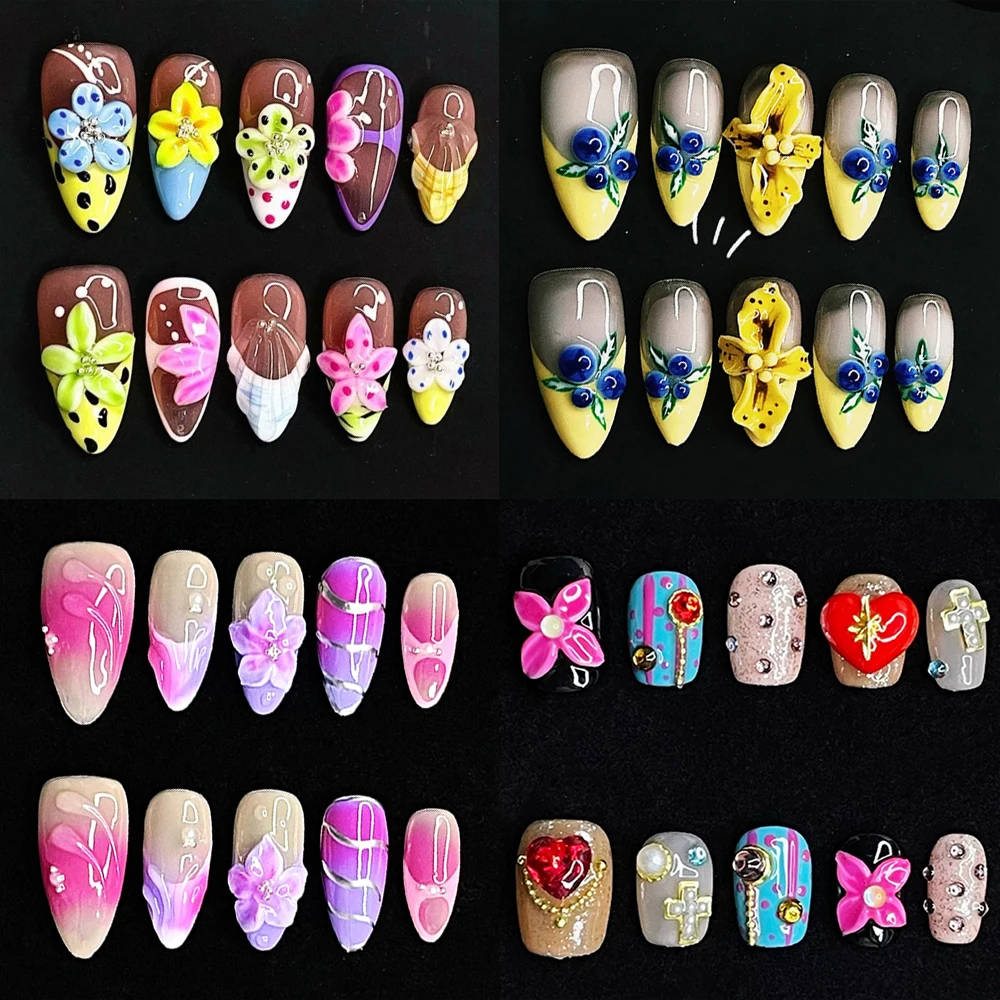 

Spice Girl Dopamine Flower Almond Handmade Wearable Press On Nails Five Pointed Star Water Ripples Pearl French Full Cover Nails