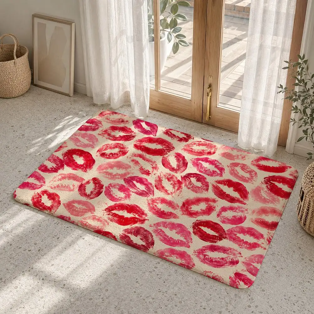 Passionate Red Lip Mark Floor Mat Flannel Rug Non Slip Absorbent Soft Washable For Entryway Hallway Bathroom Kitchen Decor