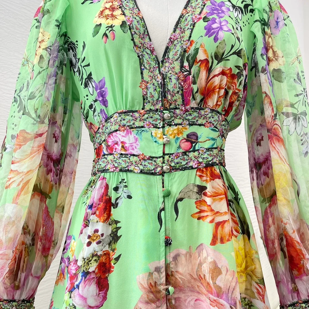 Vestido corto de seda pura para mujer, minivestido de manga larga con estampado Floral verde, diamantes prensados, cuello en V, 2024