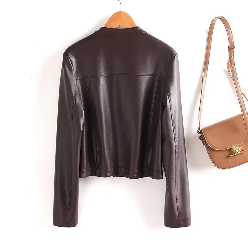 New Women Spring Autumn Split Leather Loose Jacket Fashion O-Neck Long Sleeve Casual Short Leather Coat Simplicity Jacket