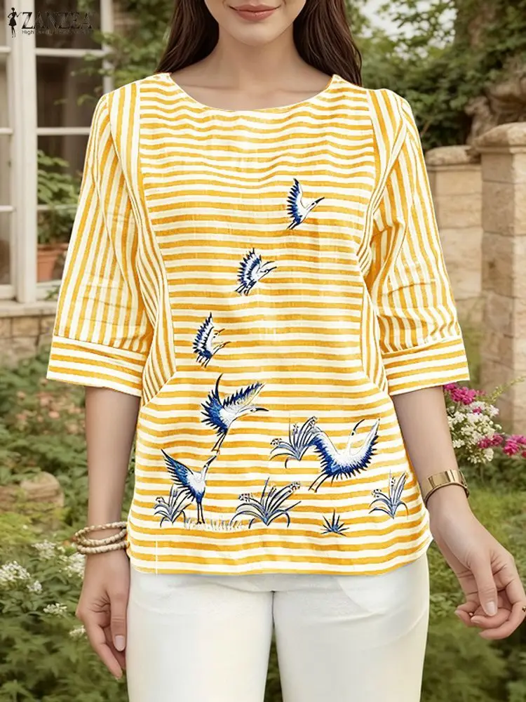 ZANZEA Vintage Haftowane Bluzki Damskie Jesień 2025 Casualowe Bluzki z Krótkim Rękawem Dekolt Okrągły Luźne Bluzki w Paski Codzienna Odzież Damska na Wakacje
