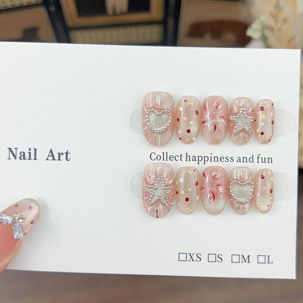 

10 Pieces Holiday Sweet Spicy Girl Handmade Press On Nails Cute Stars Hearts Cat Eyes Fake Nails Removable Reusable