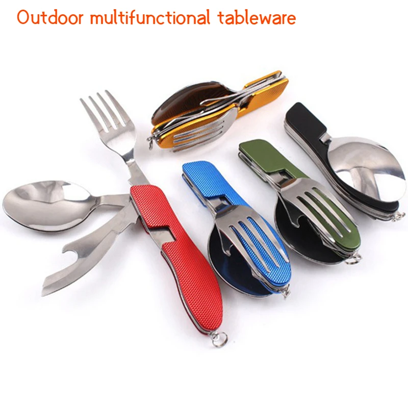 Stainless Steel cutlery 4 In 1 Outdoor Picnic Tableware Foldable Knife Fork Spoon Bottle Opener Folding Pocket Cutlery Set