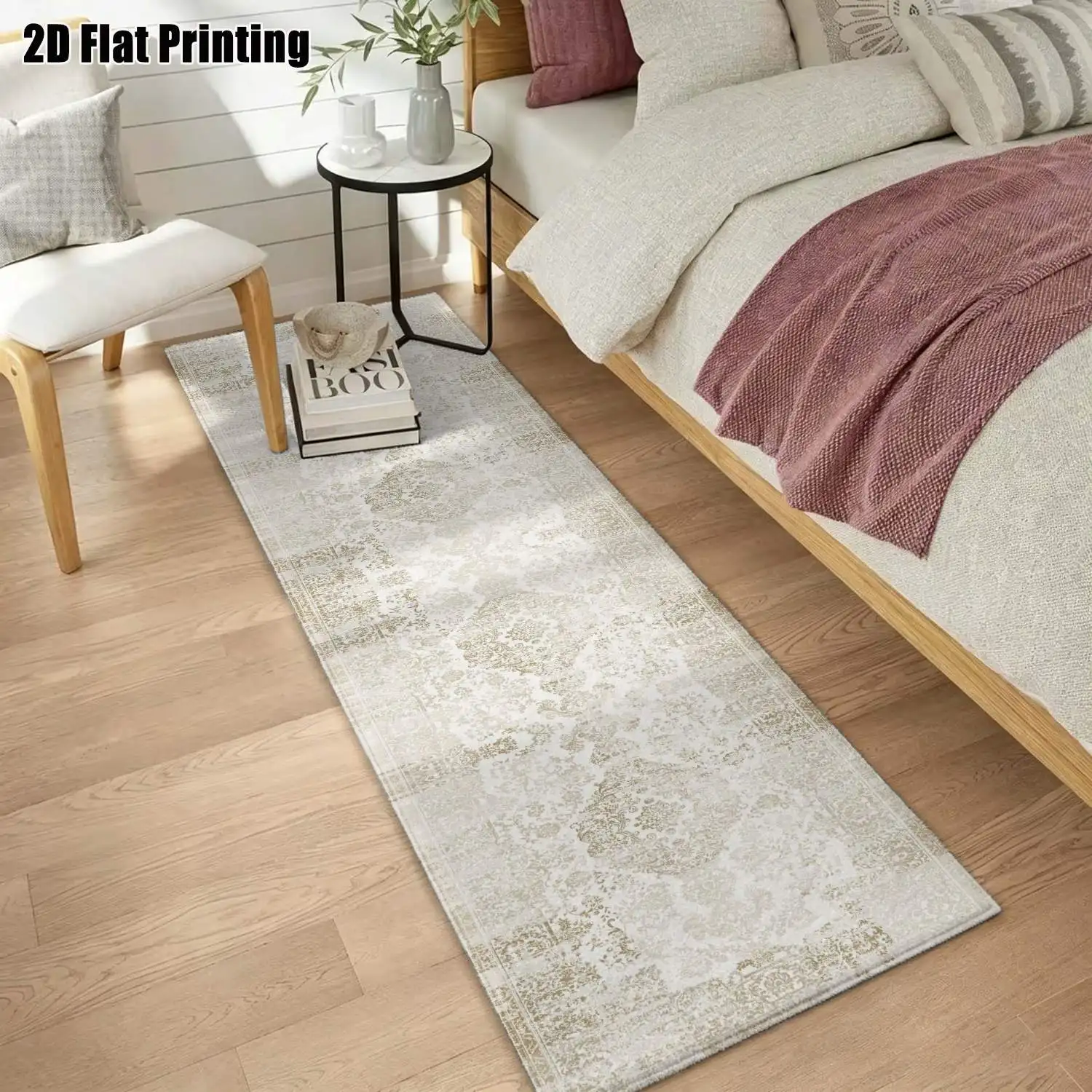 1Pc 2D Printed Strip-Shaped Track Carpet: Beige Geometric Pattern, Vintage European Style, Machine Washable, Multi-Size, Ideal for Home, Entrance, Corridor, Living Room & Bedroom
