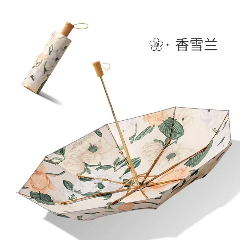 DurableDouble Manual 8-bone Wood Handle Folding Creative Vintage Flower Double-sided Printed Ladies Umbrella UPF50+ Parasol