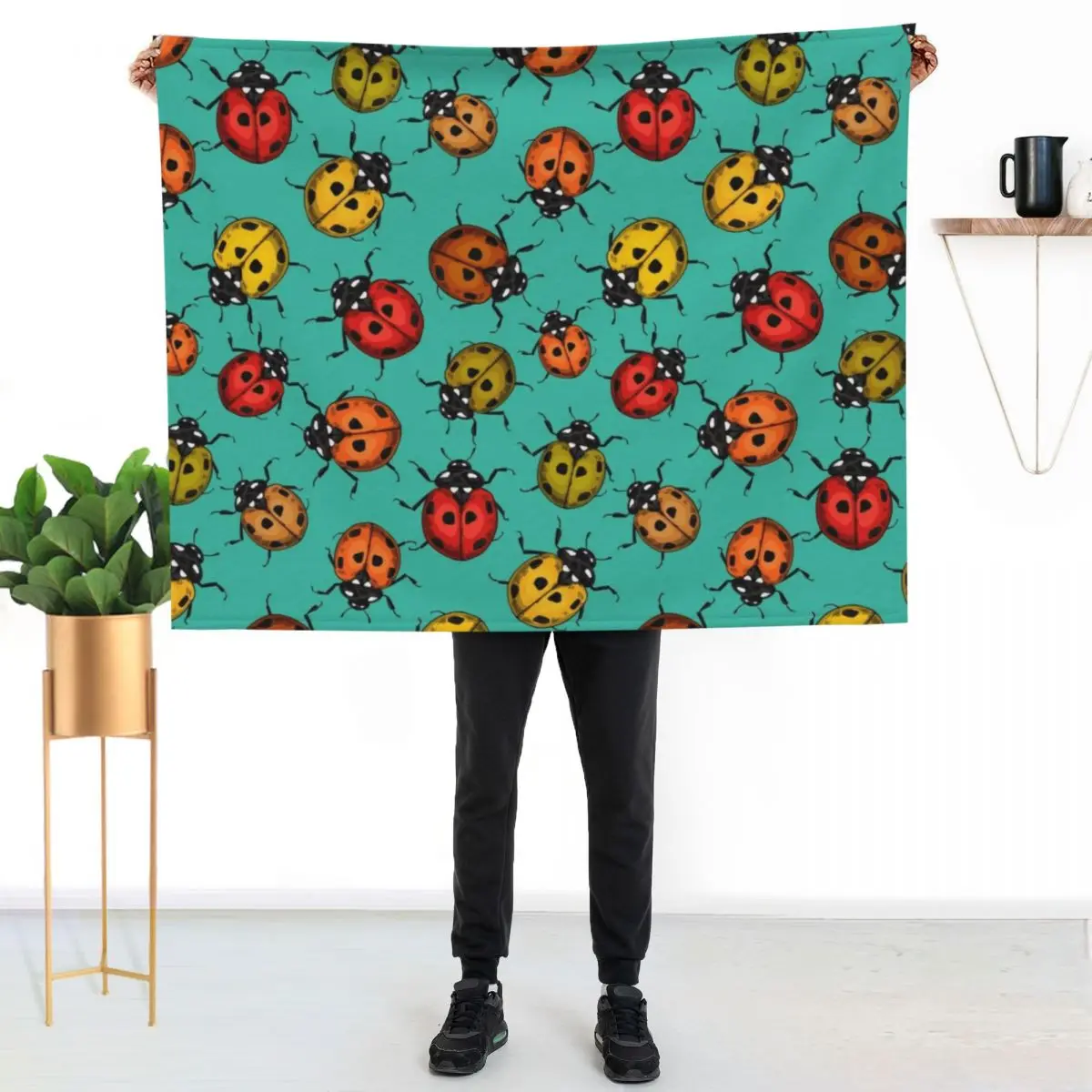 

Colorful ladybugs on turquoise Throw Blanket Warm Flannel Blanket for Couch Chair Bedroom