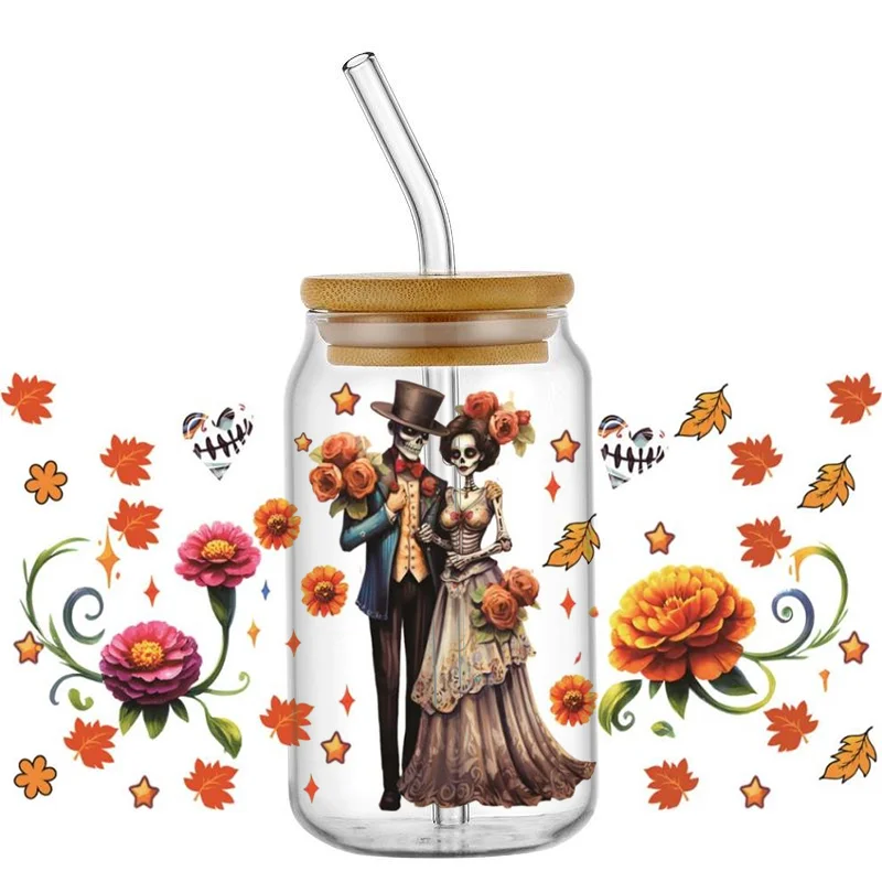 Mexican Day of the Dead DIY Decals 3D transfers uvdtf crystal stickers 16oz uv dtf cup wraps for Libbey Glasses