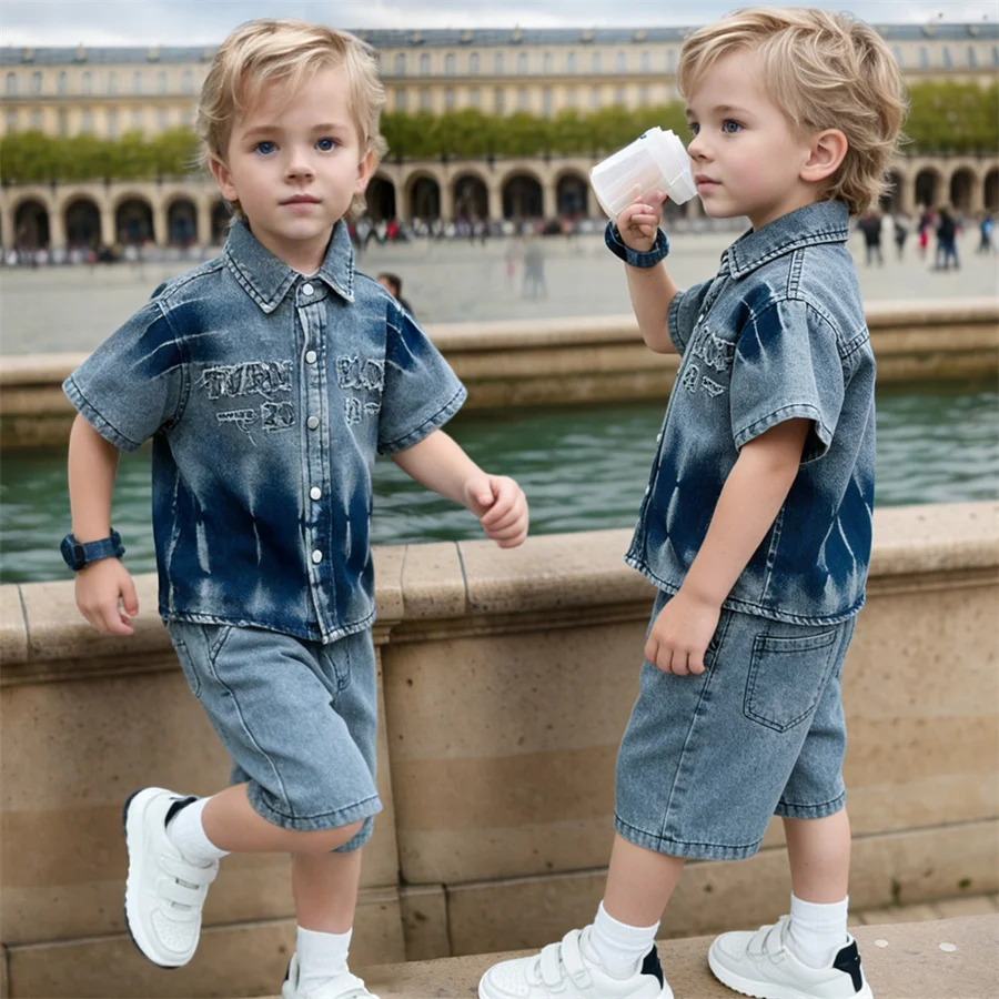 High Quality Summer Boys Denim Top and Bottom Set Kids Child Letter Print Short Sleeve Shirt And Shorts 2 Pieces Outfits Suit