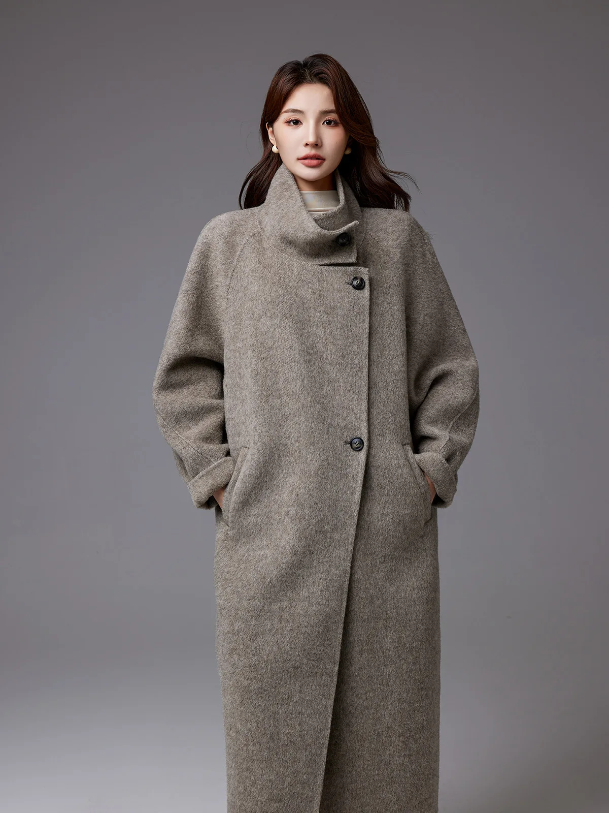 Minimalist Double-faced Yak Down Long Coat Ladies Stand Collar Loose Fit Solid Color Warm Woolen Overcoat