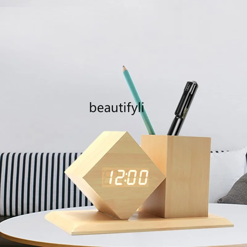 

Rhombus Wood Pen Holder Clock Alarm Clock, Office, Desktop Wholesale Desk Clock Digital Electronic Clock