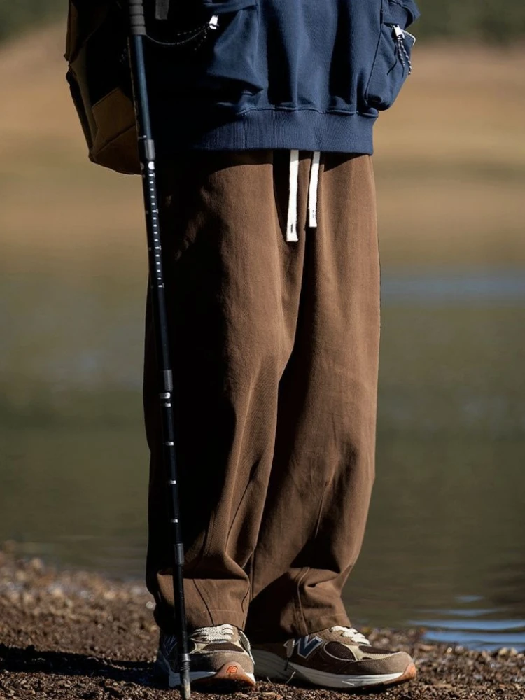 

Men's Minimalist Loose Fit Cargo Pants Coffee Brown 100% Cotton Plus Size Straight Leg Spring Autumn Trousers