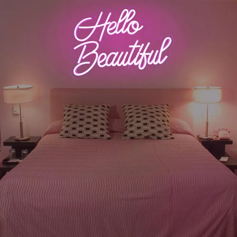 Hello Beautiful letrero de neón, luz LED rosa, interruptor regulable para el hogar, dormitorio, sala de estar, barra de belleza, fiesta, 17x11,8 pulgadas, 5V, USB