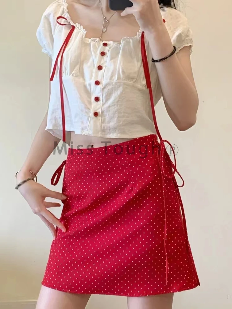 Korean Fashion O Neck Loose 2 Piece Set Women Designer Chic Bow Thin Short Sleeve Ruffle Top Female + Elastic Waist Skirt 2024