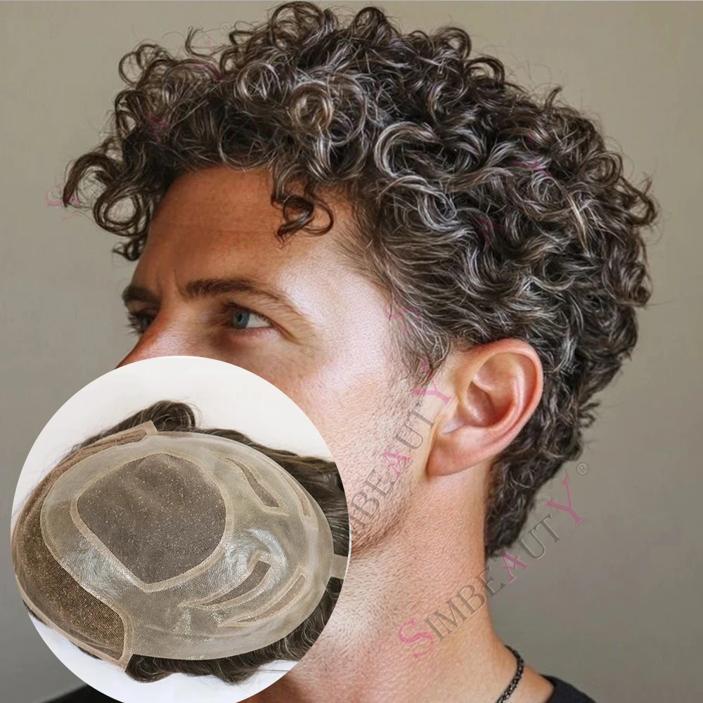 20mm Curly Versalite Lace Front&Mono Top Natural Human Hair Toupee Men Wig Breathable Male Hair Prosthesi Exhuast System For Men